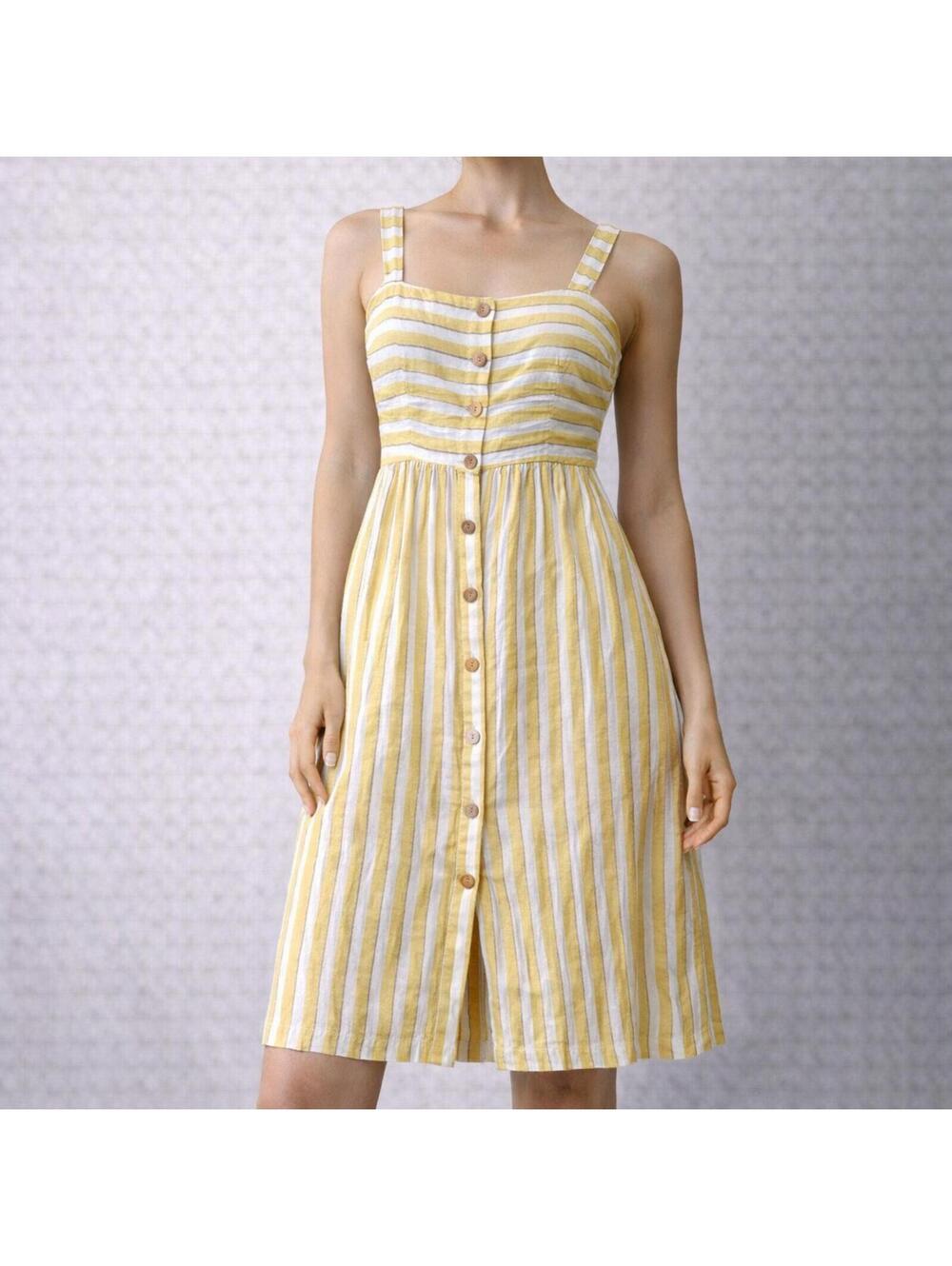 100% Linen Striped Button-Front Midi Dress